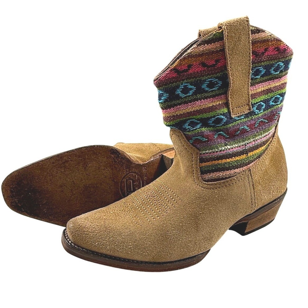 Roper‎ Boho Southwestern Woven Tan Suede Ankle Western Boots Snip Toe Sz 6